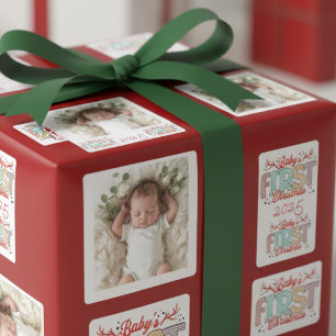 Baby Photo First Christmas Red Personalize Square Sticker