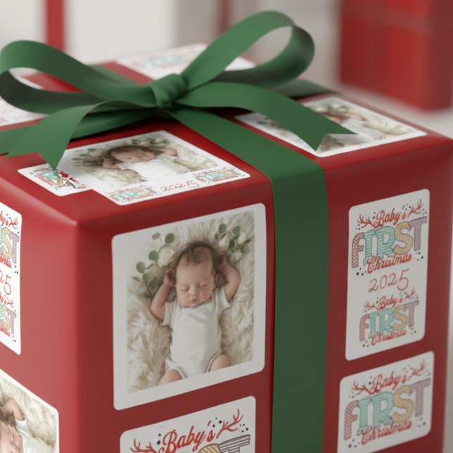 Baby Photo First Christmas Red Personalize Square Sticker (Creator Uploaded)