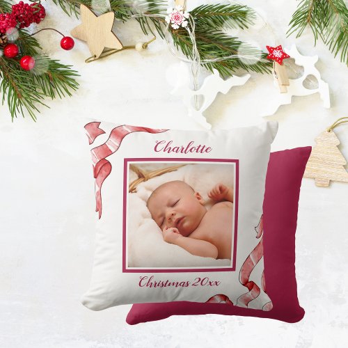 Baby Photo First Christmas Red White Throw Pillow