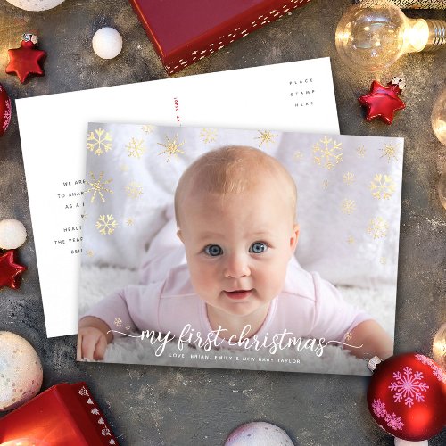 Baby Photo First Christmas Script Gold Snowflakes Holiday Postcard