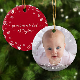 Baby Photo First Christmas Snowflakes New Parents Ceramic Ornament