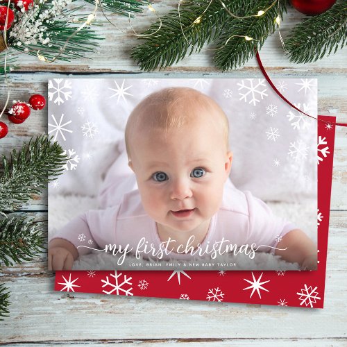 Baby Photo First Christmas Snowflakes Typography Holiday Card