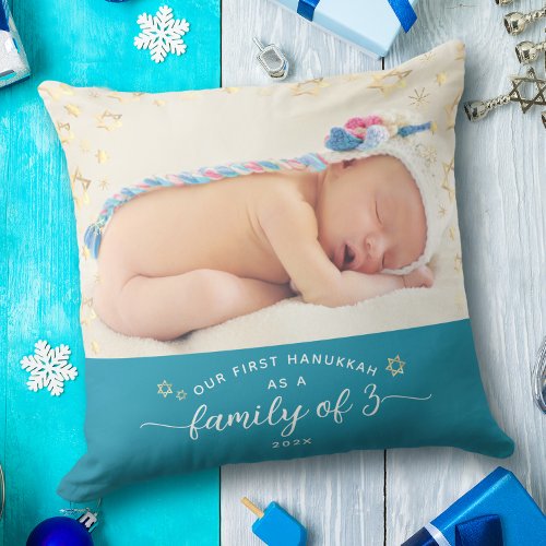 Baby Photo First Hanukkah Family of 3 Star David Throw Pillow