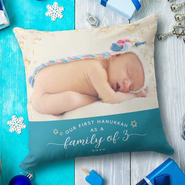 Baby Photo First Hanukkah Family of 3 Star David Throw Pillow (Creator Uploaded)