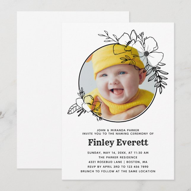 Baby Photo Floral Frame Naming Ceremony Invitation (Front/Back)