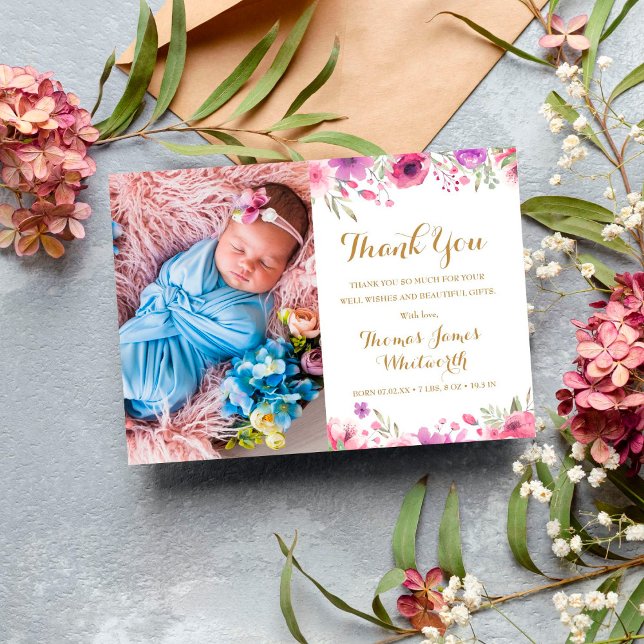 Baby Photo Floral Script Thank You Birth Announcement Postcard (Creator Uploaded)