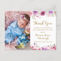 Baby Photo Floral Script Thank You Birth Announcement Postcard