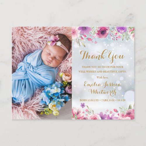 Baby Photo Floral Winter Snow Thank You Birth  Announcement Postcard