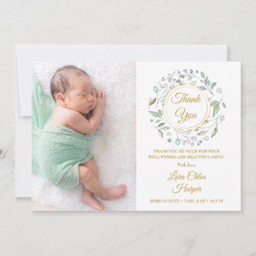 Baby Photo Gold Thank You Greenery Floral Birth Announcement