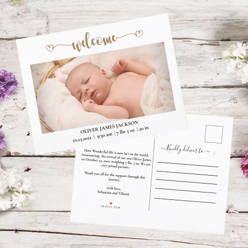 Baby Photo Gold Welcome Hearts Birth Announcement 