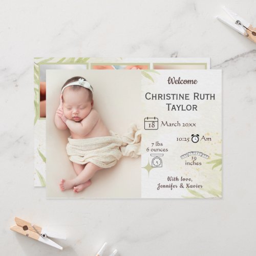 Baby Photo  golden leaves birth announcement card