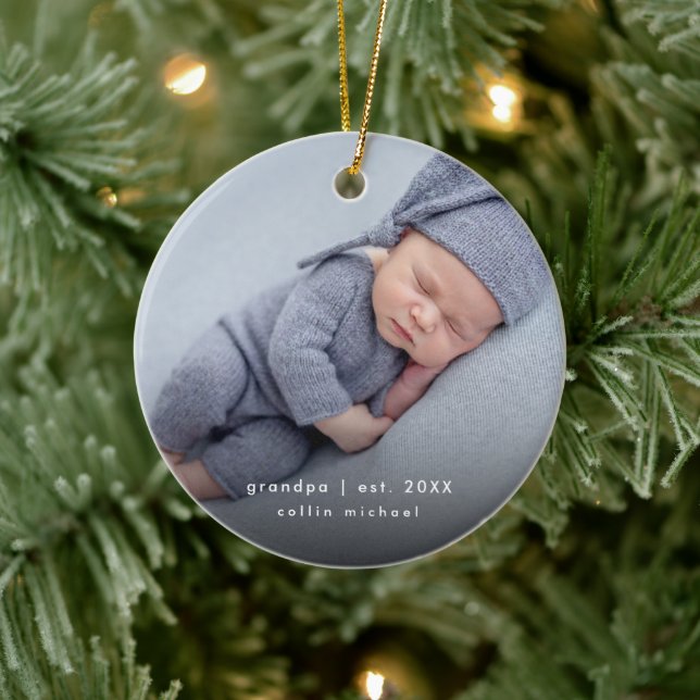 Baby Photo Grandpa Year Established Keepsake Ceramic Ornament (Tree)