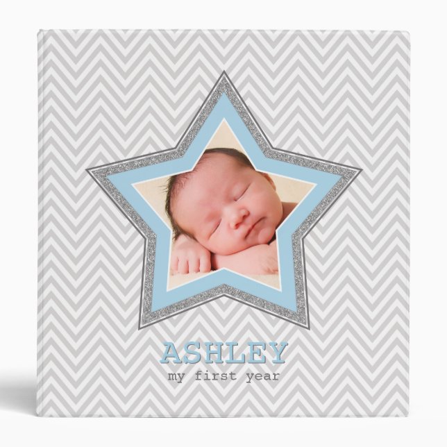 BABY PHOTO gray chevron pattern star frame blue Binder (Front)