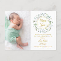 Baby Photo Greenery Floral Gold Thank You Birth Announcement Postcard