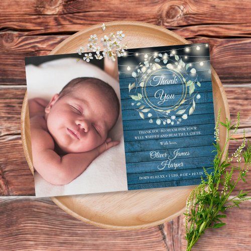 Baby Photo Greenery Rustic Blue Thank You Birth Announcement Postcard