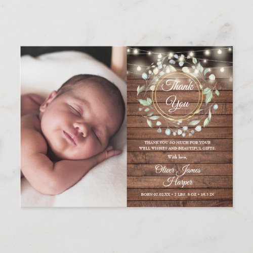 Baby Photo Greenery Rustic Wood Thank You Birth  Announcement Postcard