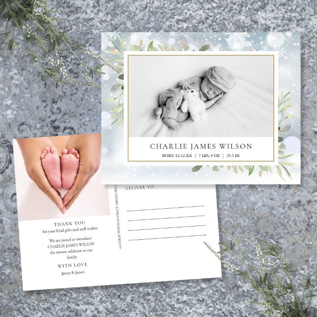 Baby Photo Greenery Snow Winter Birth Thank You Postcard (Baby Photo Greenery Snow Winter Birth Thank You Postcard)