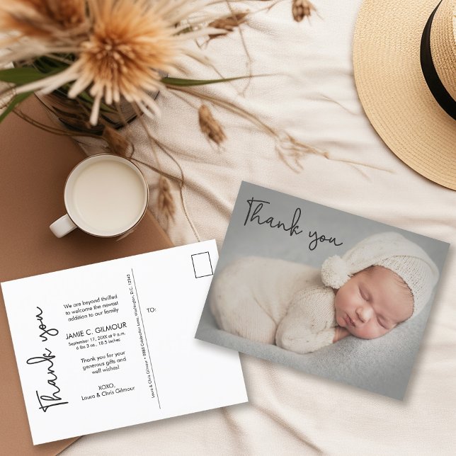Baby Photo Handlettering Script Birth Announcement Postcard (Baby boy photo thank you modern handlettering script birth stat postcard.)
