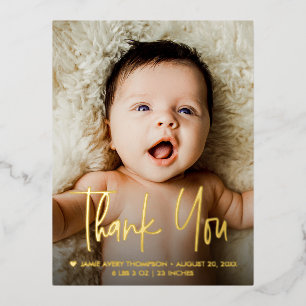 Baby Photo Handlettering Thank you Modern Birth Foil Holiday Postcard