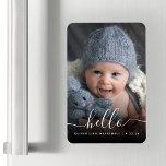 Baby Photo Hello White Script Birth Announcement Magnet<br><div class="desc">Celebrate the arrival of your newest family member with this keepsake flexible magnet, featuring the word "hello" in elegant write handwriting script with swashes at the beginning and end. Personalize it with baby's name and birth date, and replace the sample image with your favorite baby photo. A black gradient filter...</div>