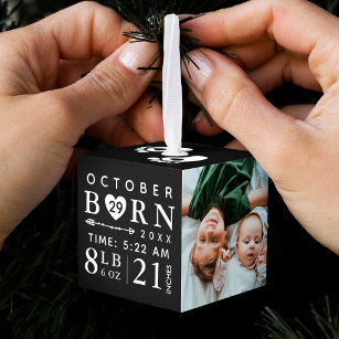 Baby Photo Keepsake & Birth Stats Black Monogram Cube Ornament
