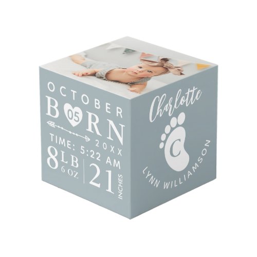 Baby Photo Keepsake  Birth Stats Blue Monogram Cube