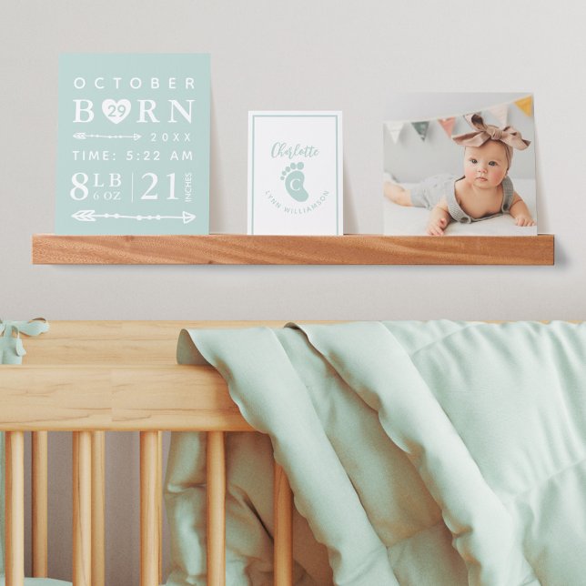 Baby Photo Keepsake & Birth Stats Green Monogram Picture Ledge (Creator Uploaded)