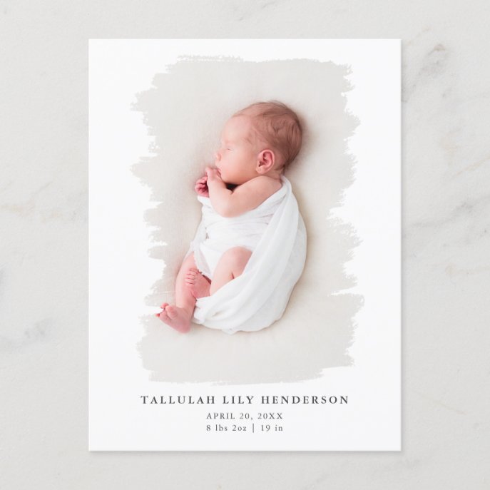 Baby Photo Minimalist White Paint Stroke Birth Announcement Postcard