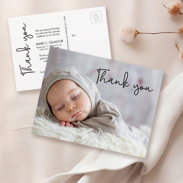 Baby Photo Modern Birth Announcement simple script Postcard (modern Baby birth announcement and thank you minimal photo postcard.)