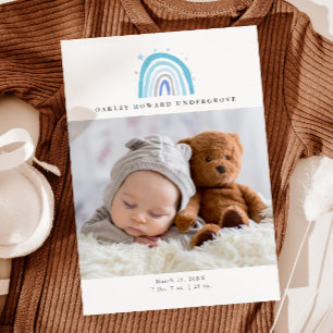 Baby Photo Modern Blue Rainbow Birth Announcement