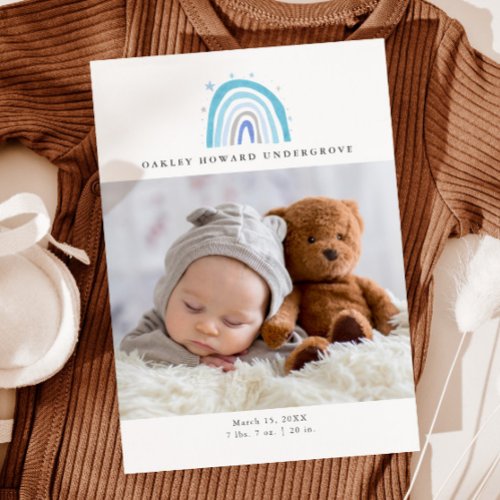 Baby Photo Modern Blue Rainbow Birth Announcement