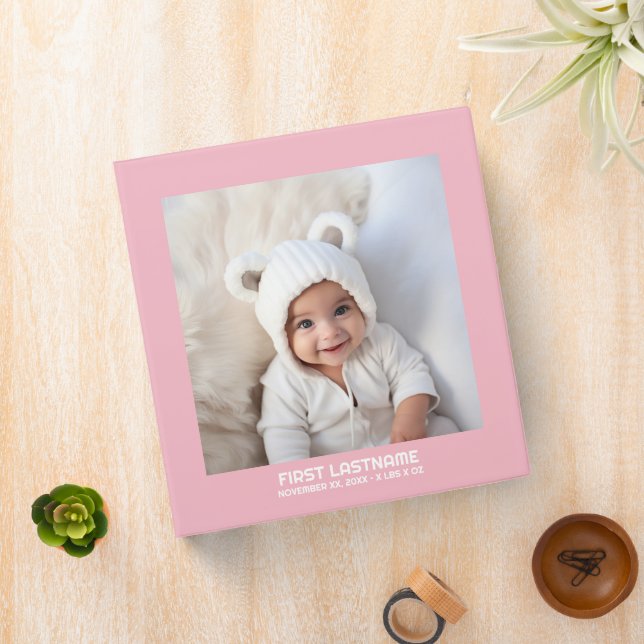 Baby Photo - Modern Minimal Pink Girl 3 Ring Binder (In Situ)