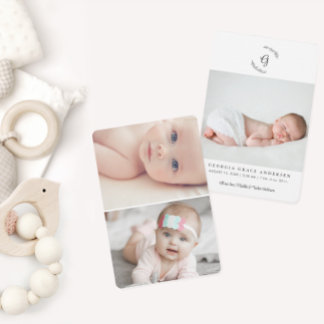 Baby Photo Modern Monogram Laurel Birth Announcement
