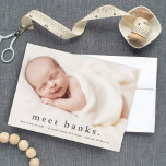 Baby photo modern name birth announcement<br><div class="desc">A sweet photo birth announcement featuring modern name atop full bleed horizontal landscape photo. The back has two additional photo spots a large full name header and personal message from the family.</div>