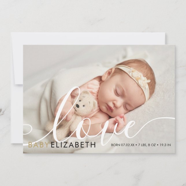 Baby Photo Modern Script Love Elegant Birth Announcement (Front)