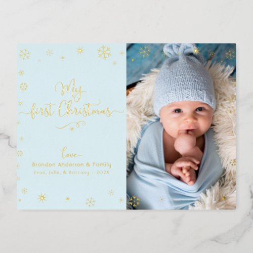 Baby Photo My First Christmas Aqua Blue Real Gold Foil Holiday Postcard