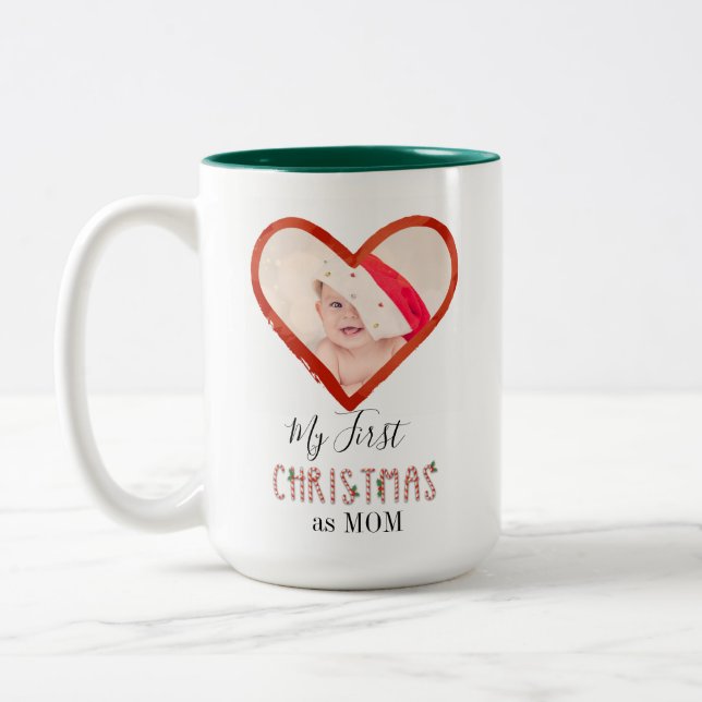Baby Photo My First Christmas As Mom Love Heart Two-Tone Coffee Mug (Left)