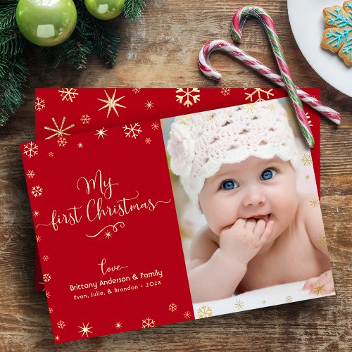 Baby Photo My First Christmas Snowflakes Real Gold Foil Holiday Card