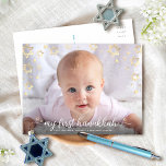 Baby Photo My First Hanukkah Script Star of David Holiday Postcard<br><div class="desc">“My First Hanukkah.” A playful visual of champagne faux gold foil Stars of David, snowflakes and white handwritten script typography overlaying the photo of your choice, help you usher in Hanukkah and New Year. Your custom note, typed or handwritten, is on the back. Feel the warmth and joy of the...</div>