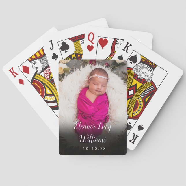 Baby Photo Name And Birth Date Announcement Poker Cards (Back)