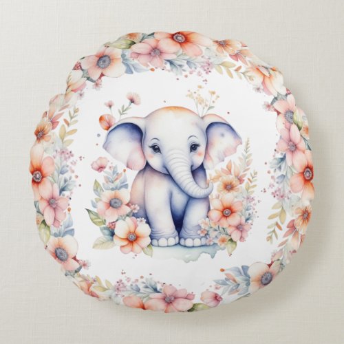Baby Photo Name and Birth Date Elephant Themed Round Pillow