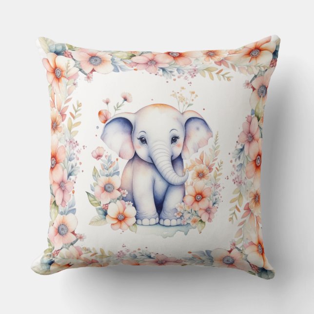 Baby Photo, Name and Birth Date Elephant Themed Throw Pillow (Front)