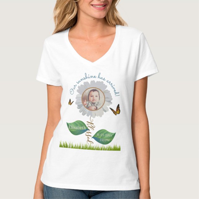 Baby photo name date time of birth announcement T-Shirt (Front)