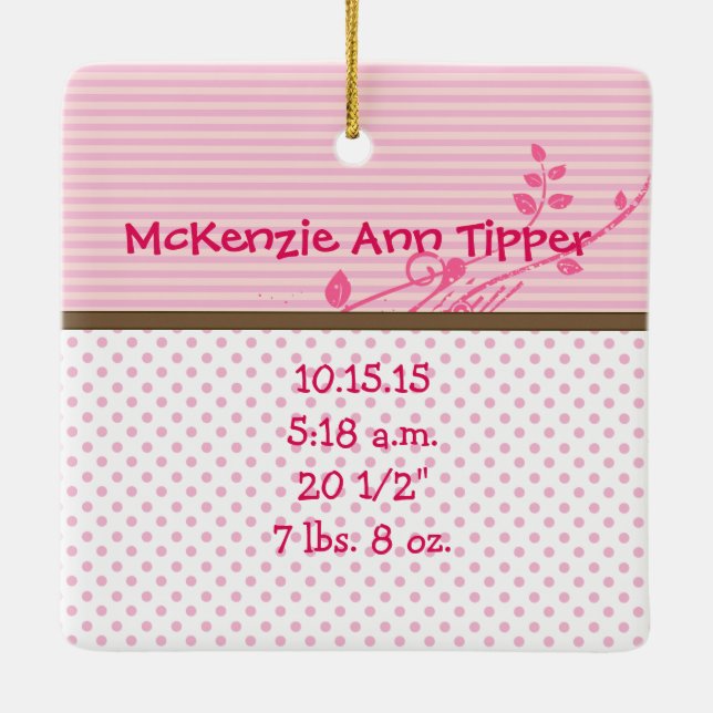 Baby Photo Ornament with Births Stats Pink Dots (Back)