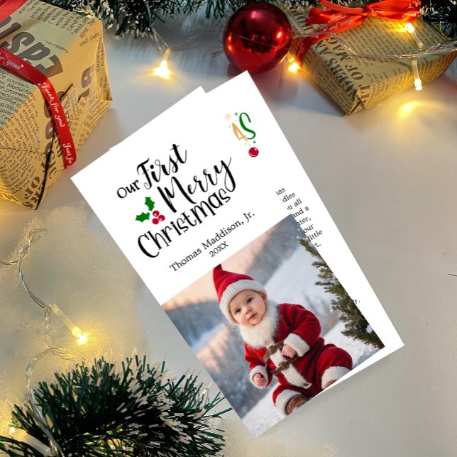 Baby Photo Our First Merry Christmas Greeting Holiday Card (Creator Uploaded)