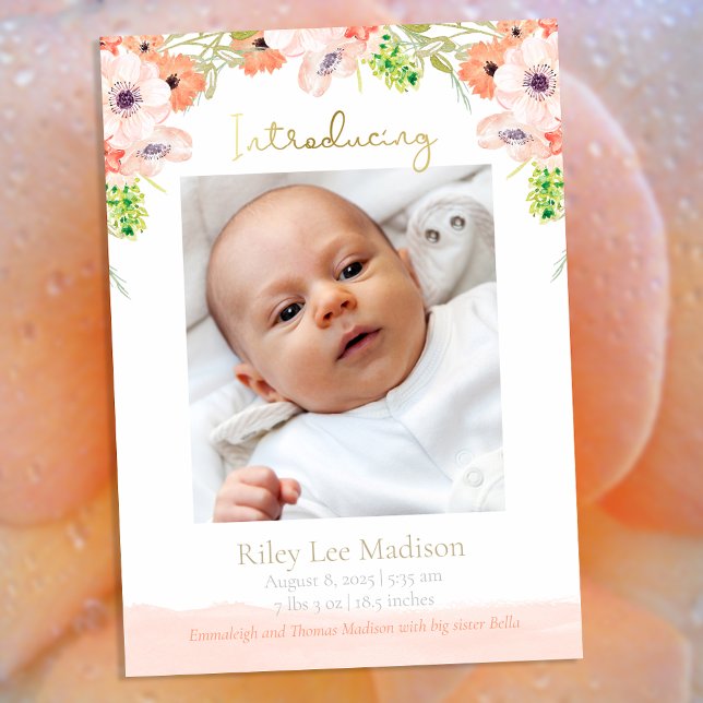 Baby Photo Peach Floral Modern Birth Announcement (Creator Uploaded)