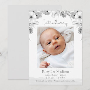 Baby Photo Peach Modern Gray Floral Announcement