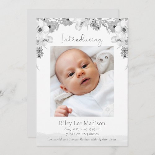 Baby Photo Peach Modern Gray Floral Announcement