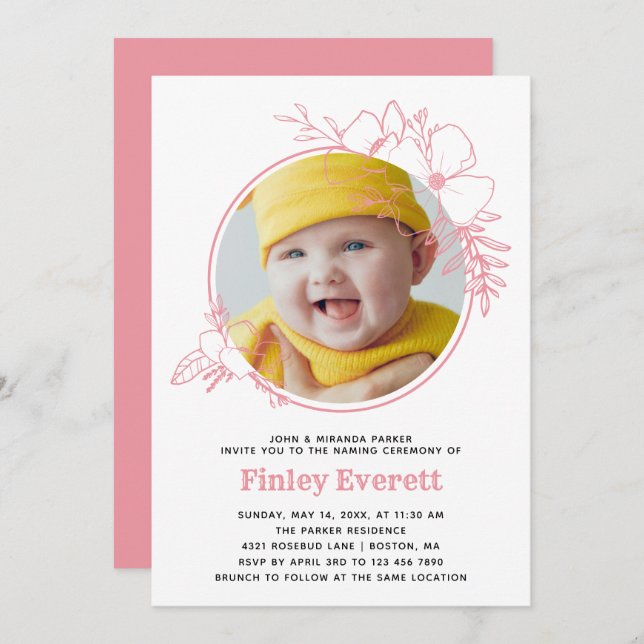 Baby Photo Pink Floral Frame Naming Ceremony Invitation (Front/Back)