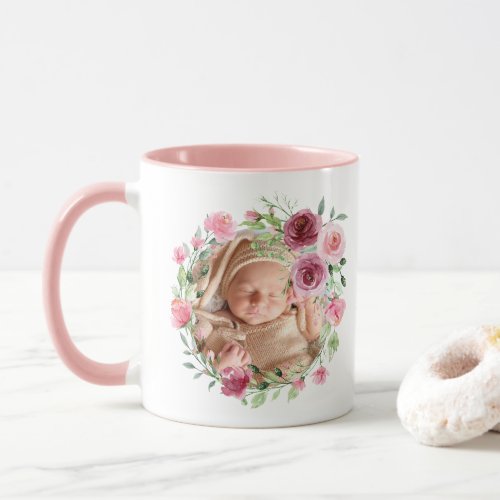 Baby Photo Pink Flowers Watercolor Name Floral Mug